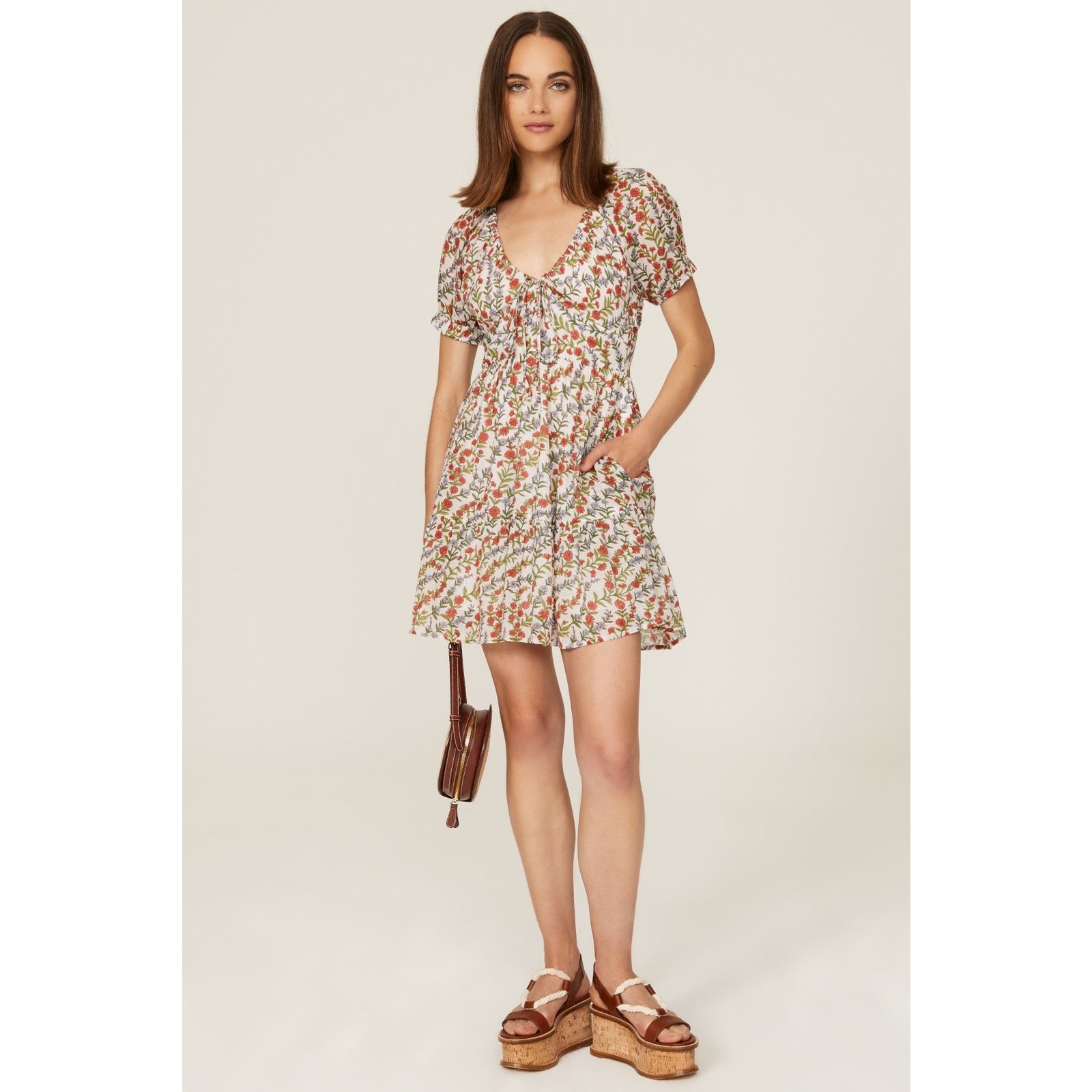 Banjanan Artemis White Floral Print V-Neck Short Sleeve A-Line Mini Dress Sz Xl